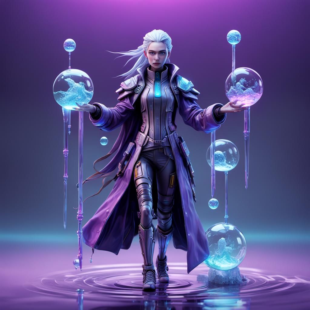 Cyberpunk Wizard Floating on Water in Vibrant Colors
