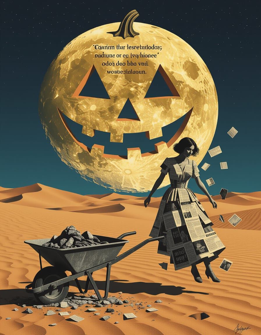 Surreal Desert Scene with Pumpkin Moon and Crumbling Woman