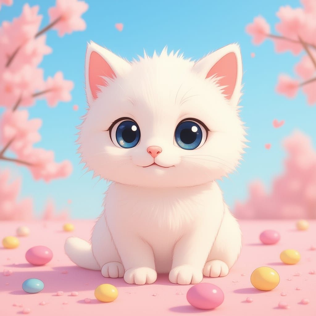 Kawaii White Kitten with Blue Eyes on Pink Surface