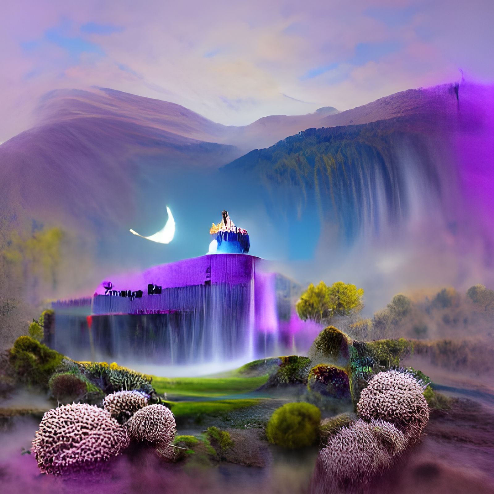 Persian Castle with Violet Flowers: Cosmic Illustration