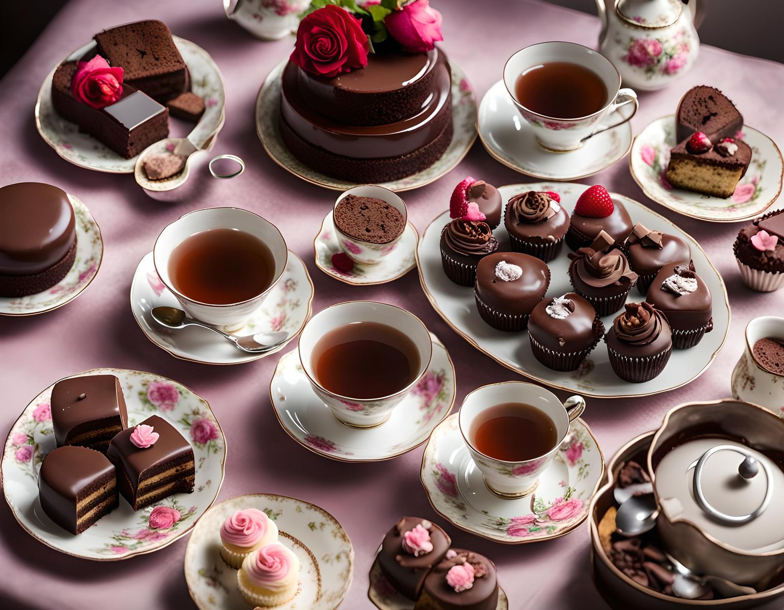 AI Image of Tea, Chocolate, and Cakes