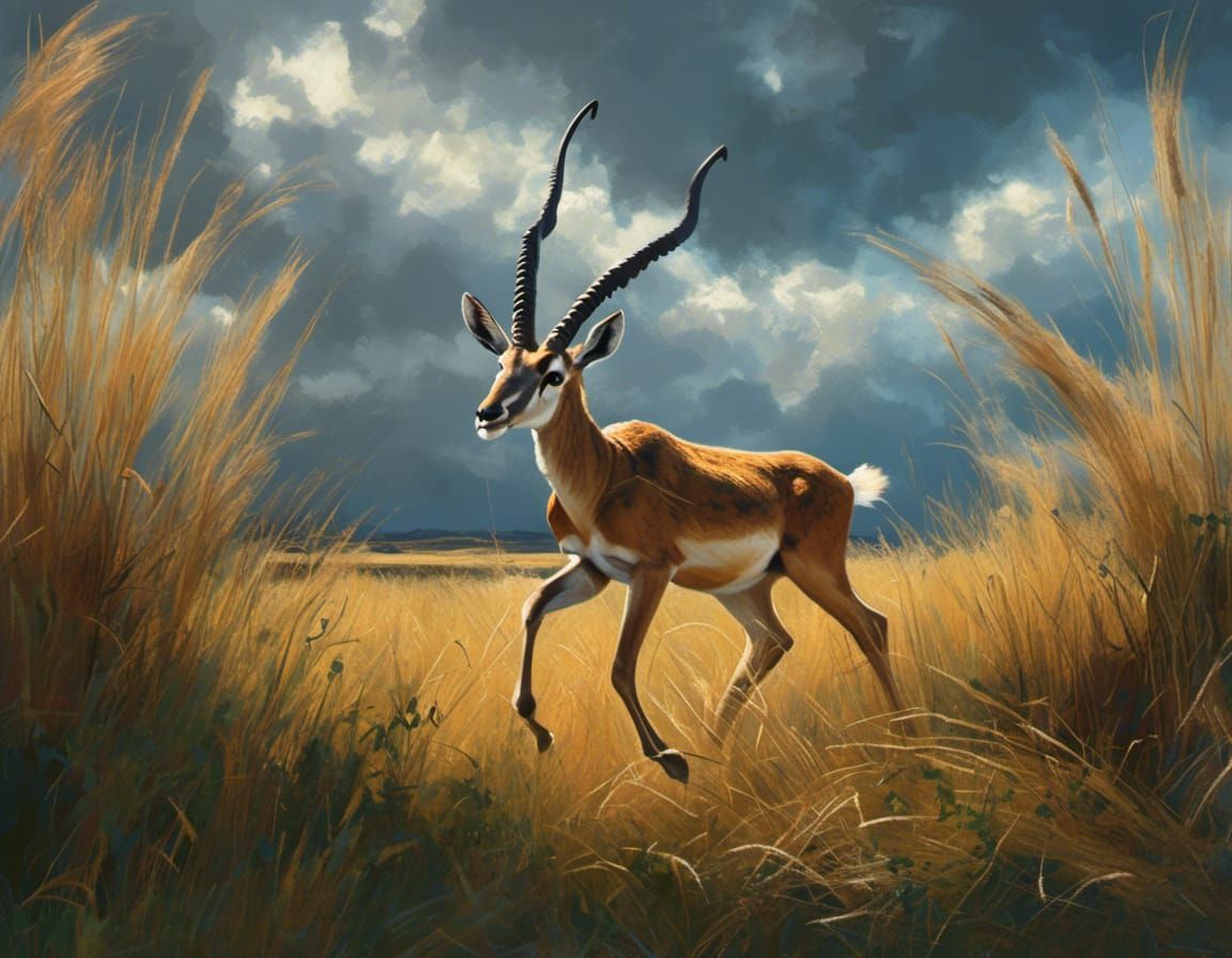 Gazelle Leaping Through Tall Grass, Impasto Acrylic Painting