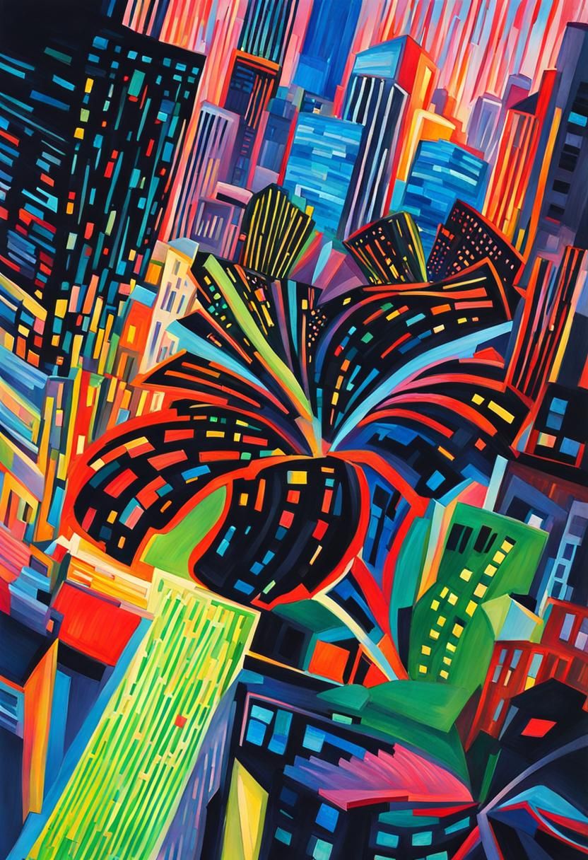 Neon Cityscape in Gouache Style
