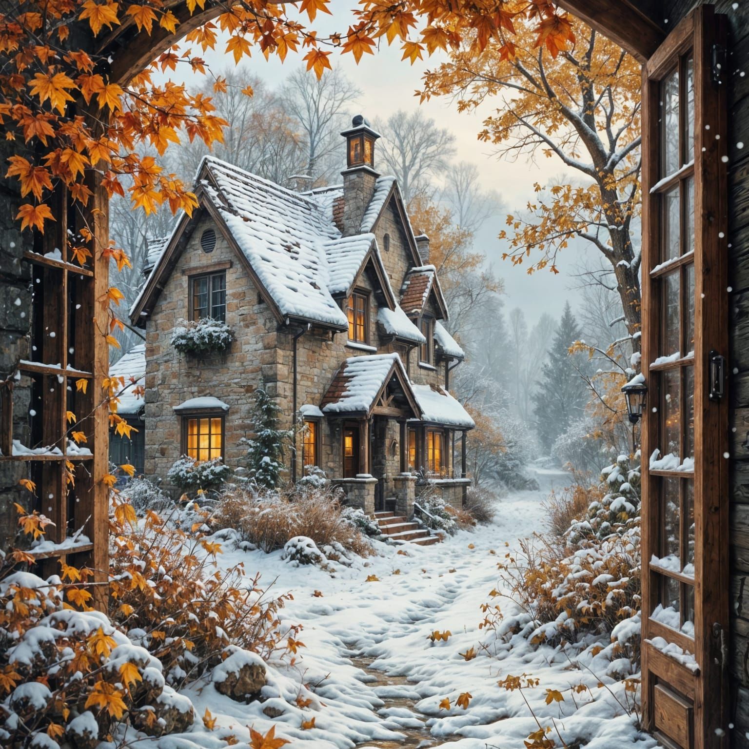 Cozy Cottage Window with Autumn Leaves and First Snow