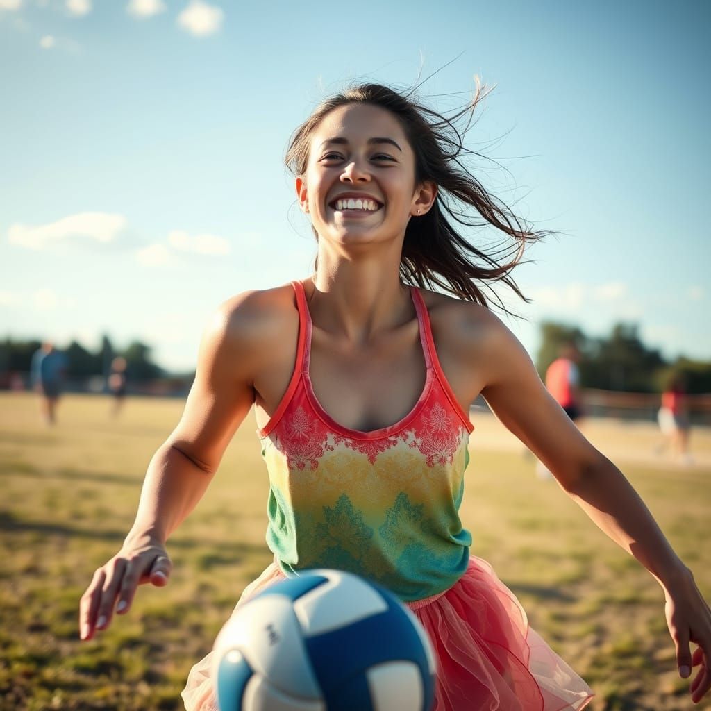 Enthusiastic Girl Plays Volleyball in Dynamic Style