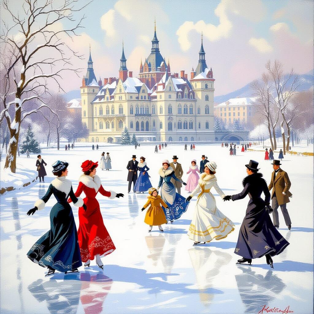 1910s Winter Scene: Ice Skating at Vajdahunyad Castle