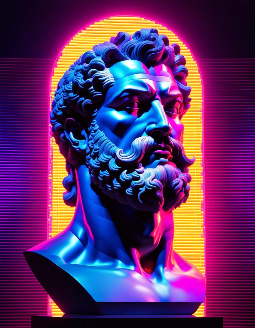 Glitch Art Hercules Bust in Vaporwave Style