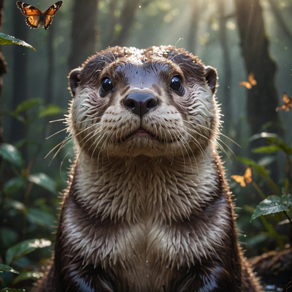 Otter with Butterfly, Wildlife Photography in Van Gogh Style