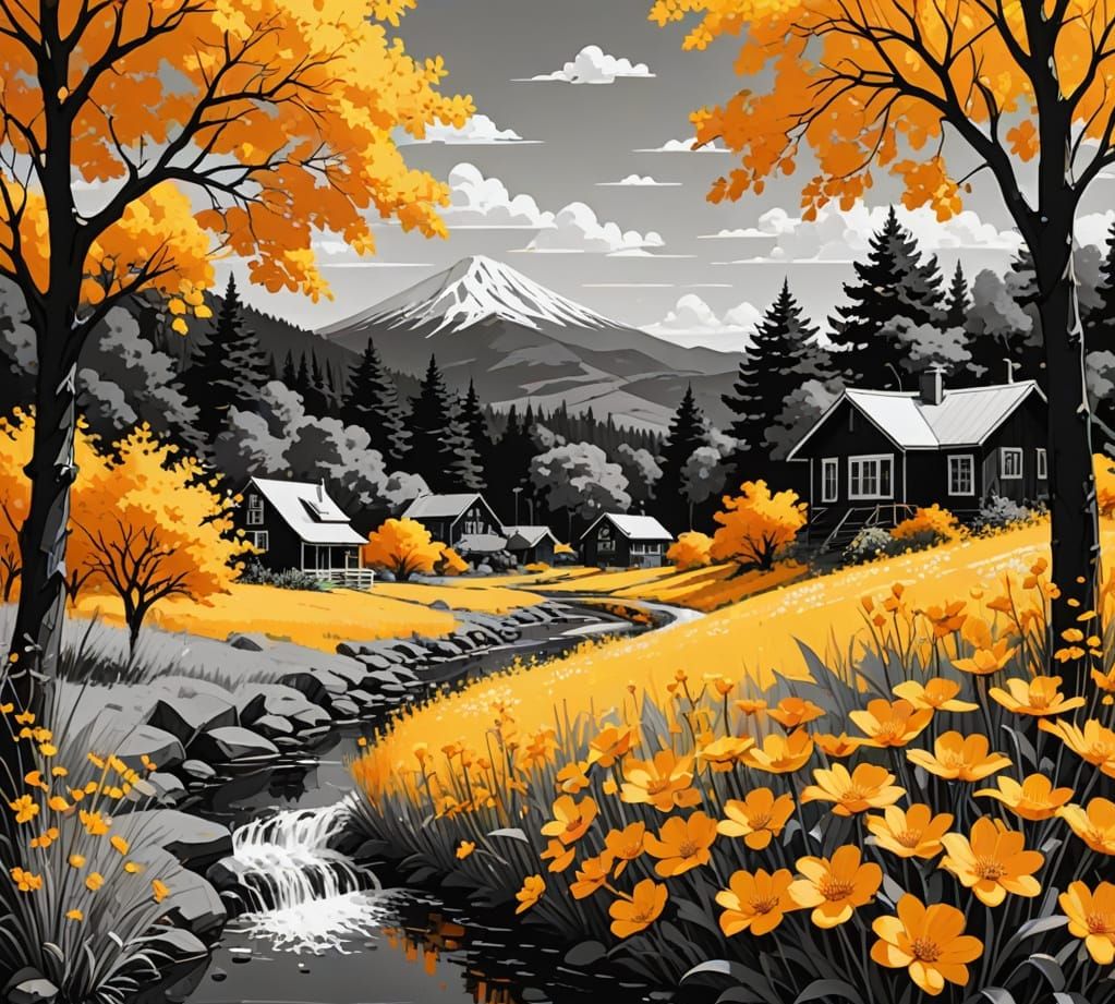 Monochrome Summer Landscape with Yellow and Black