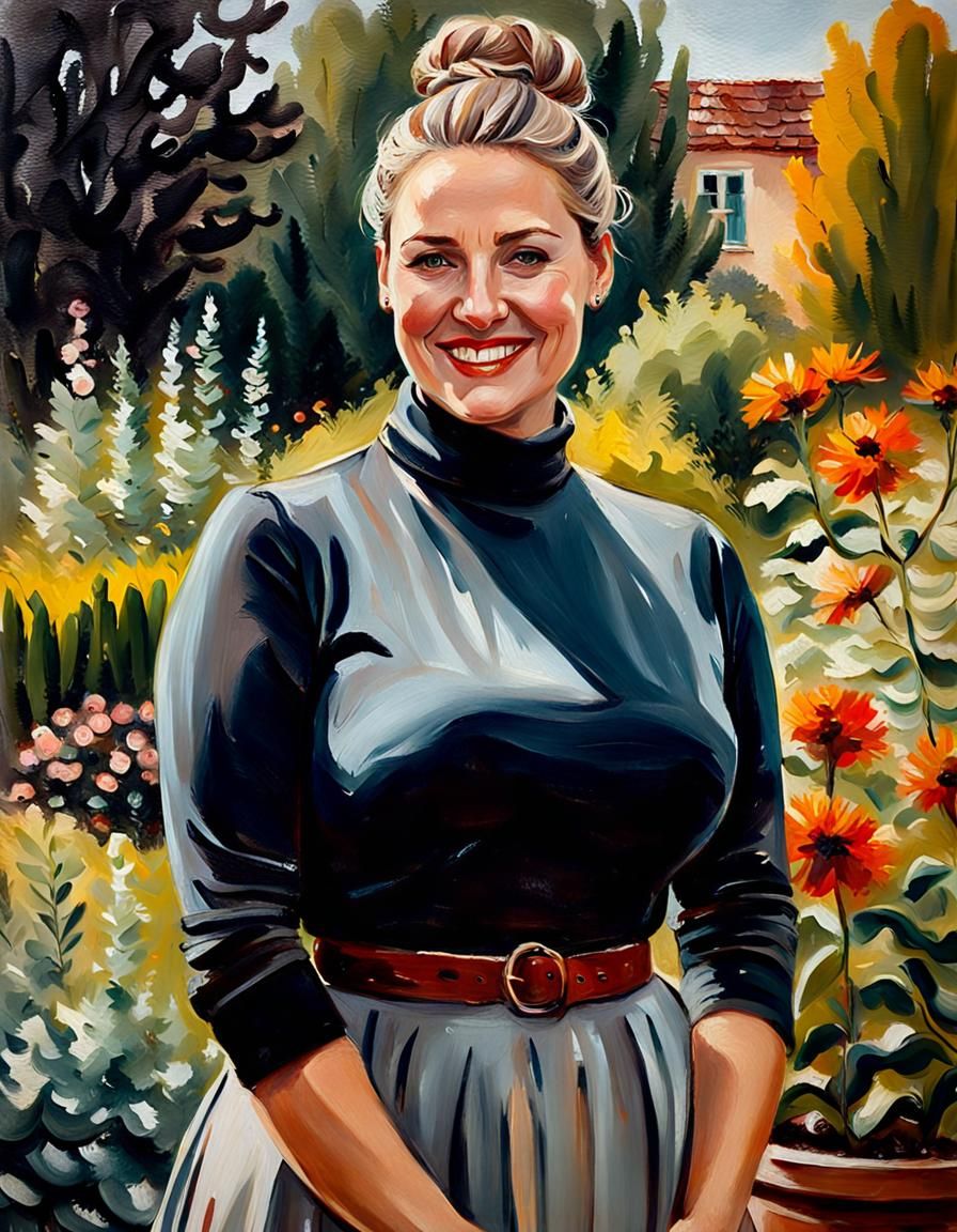 Elegant Woman in Garden, Oil-Guache Portrait
