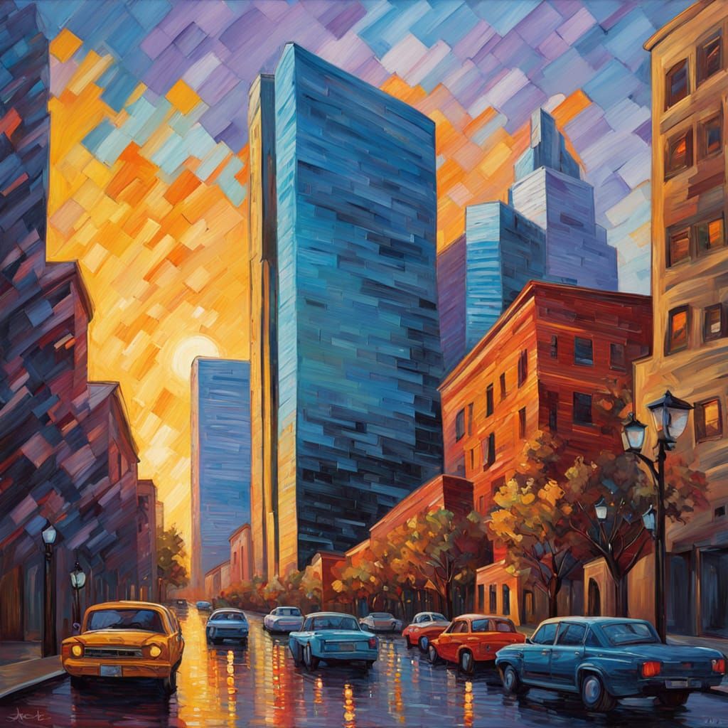 Dallas Golden Hour Cityscape Neo-Impressionist Painting