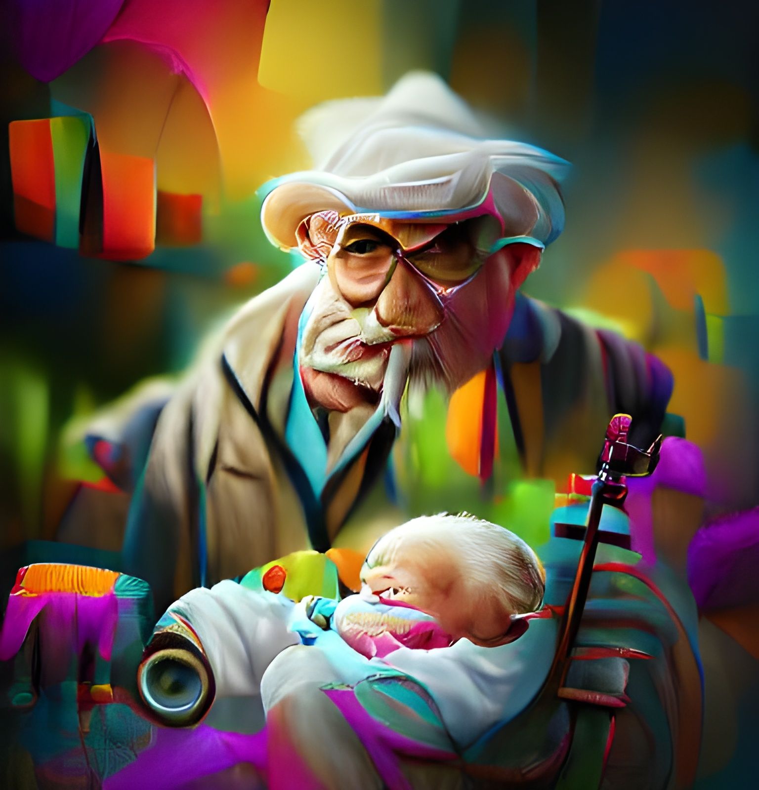 Touching Grandpa and Baby Portrait in Fauvist Style