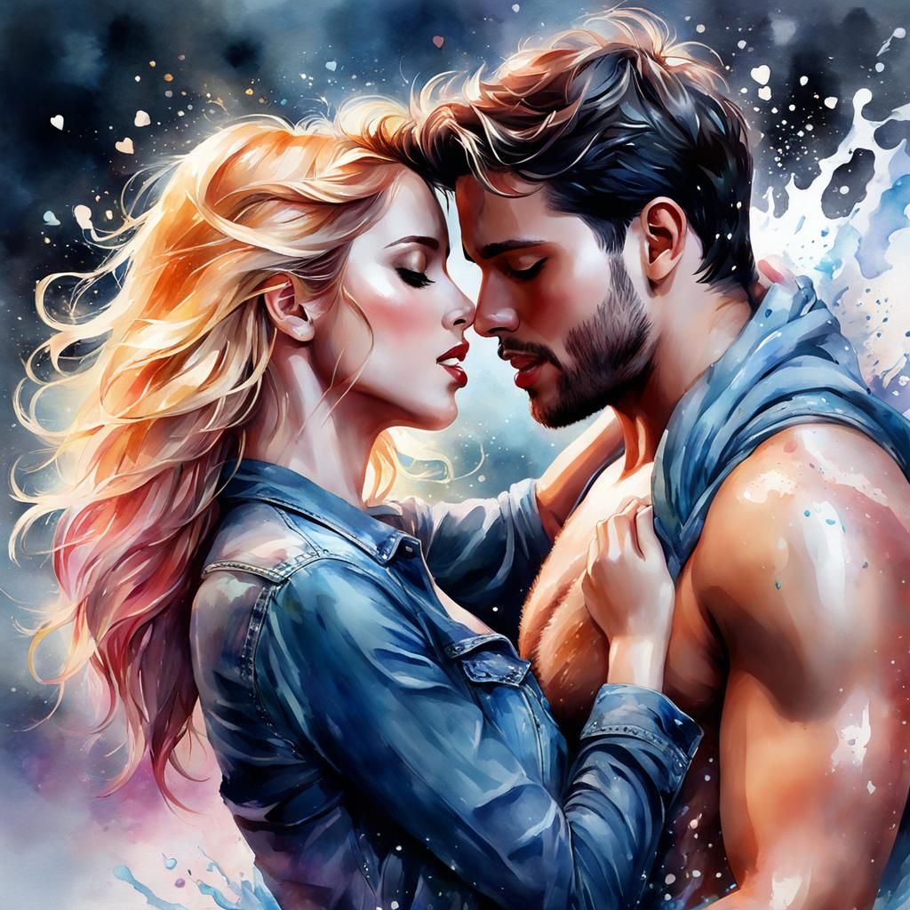 Romantic Figures in Digital Watercolor Splash Art
