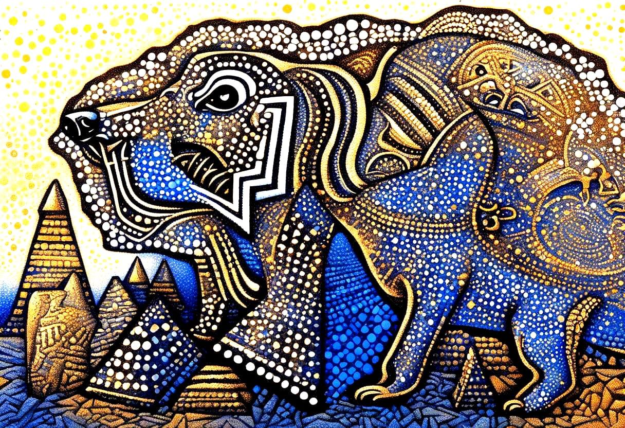 Pointillist Dog Sniffing Egyptian Pyramids in Halftone Style