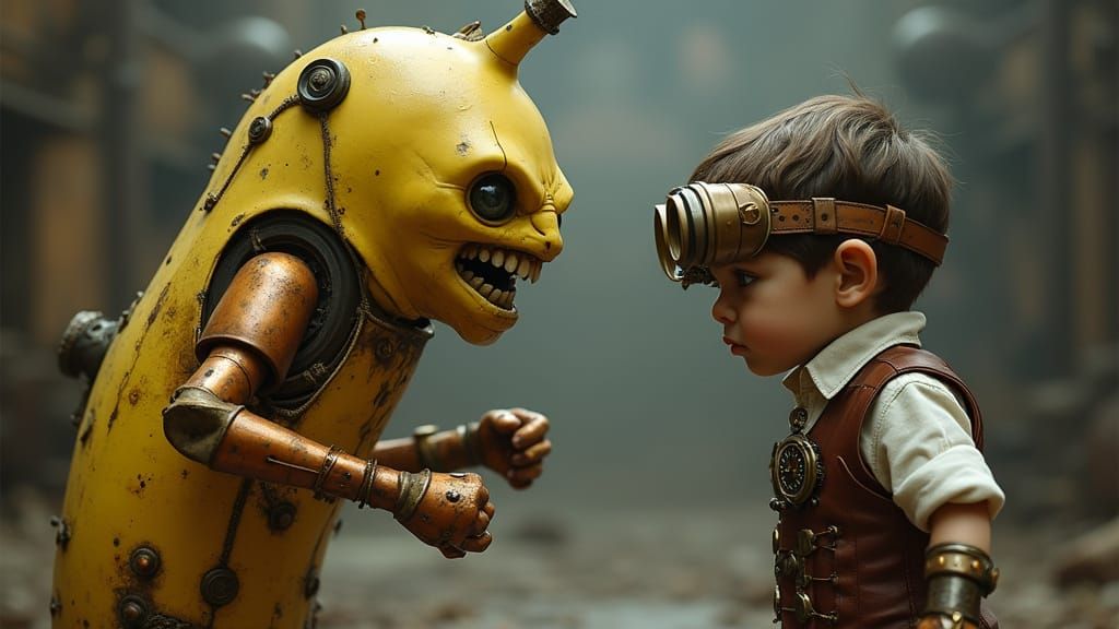 Steampunk Banana Showdown in Industrial Setting