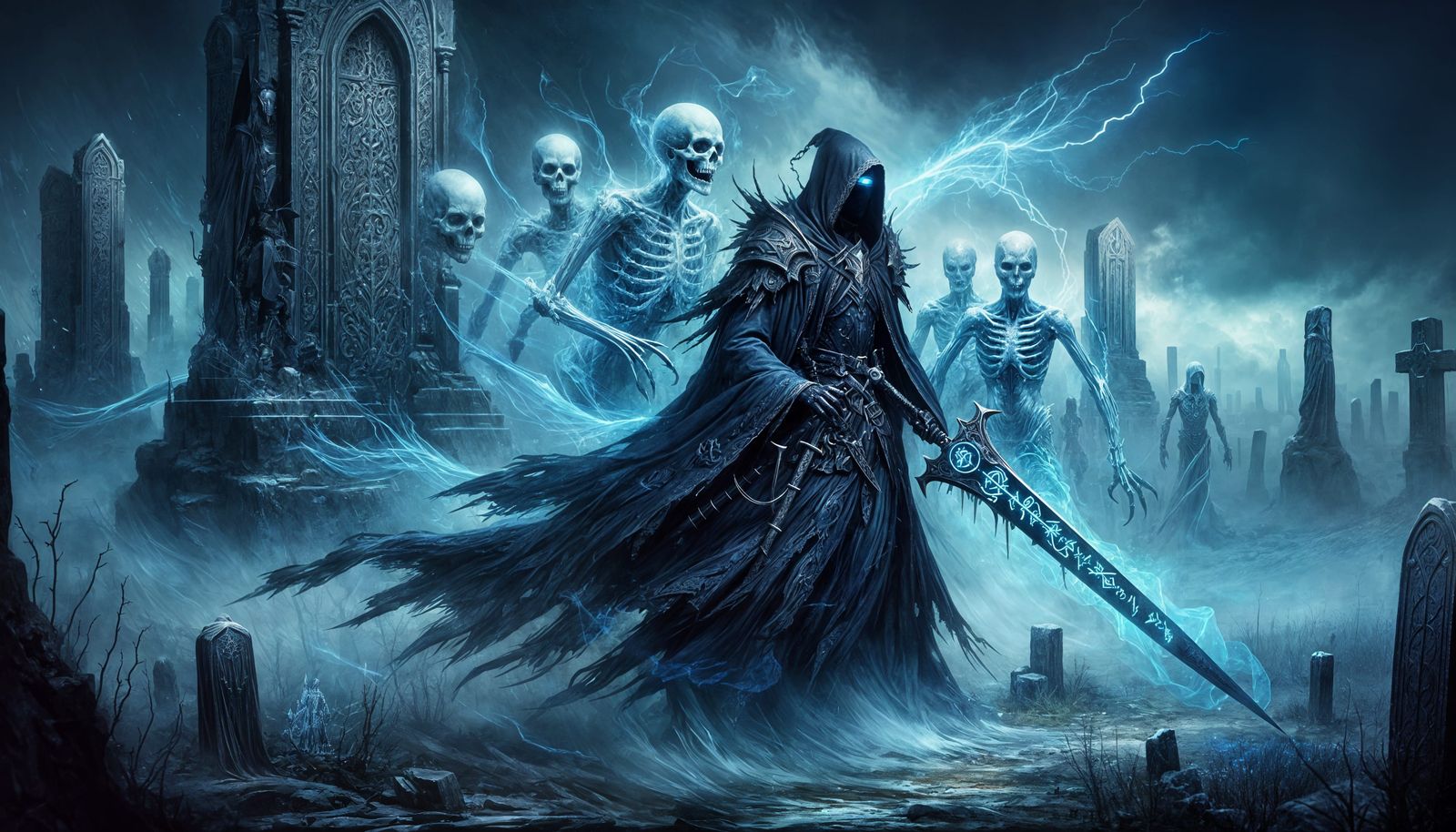 Dark Fantasy Figure Defies Spectral Warriors Under Azure Lig...