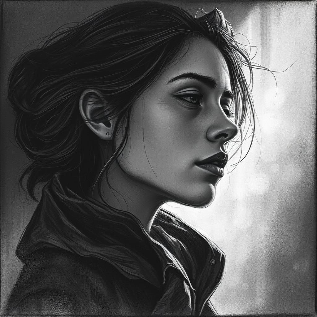 Woman in Thought with Glowing Light, Charcoal Rendering