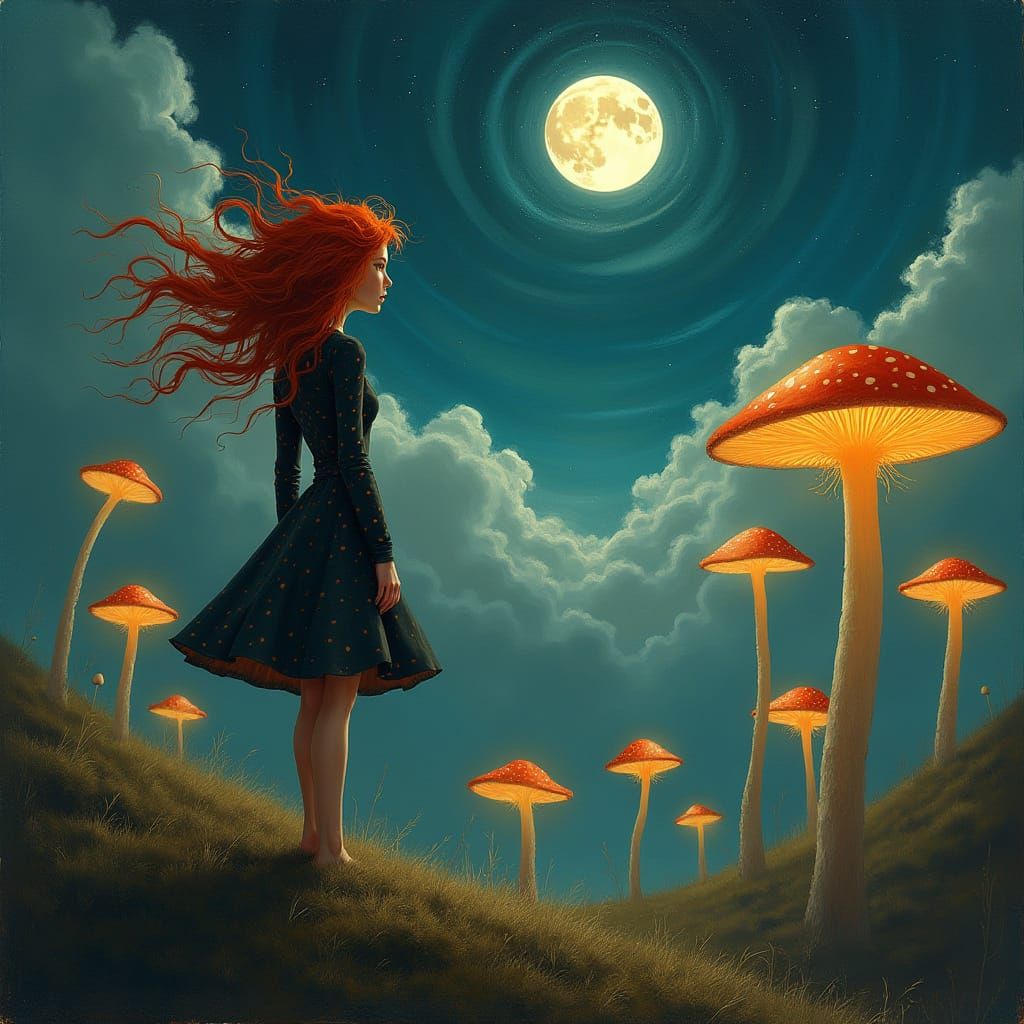 Mysterious Woman in a Whimsical Landscape, in Oil Painting S...