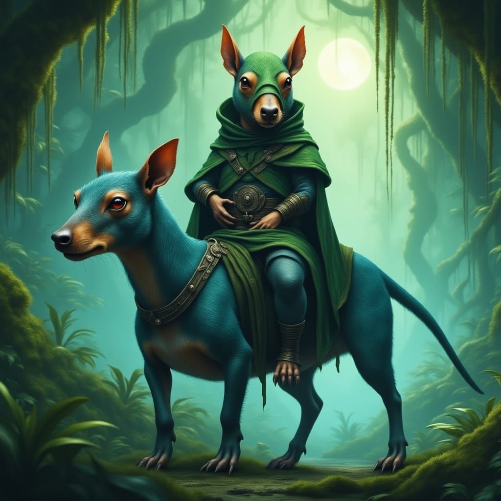 Ninja Squirrel on Dachshund, Watercolor Ghibli Style