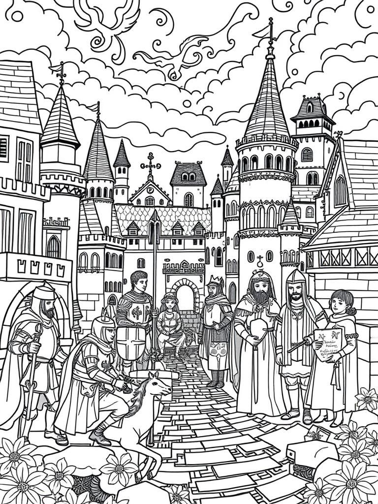 Medieval City Coloring Page with Stick Figures