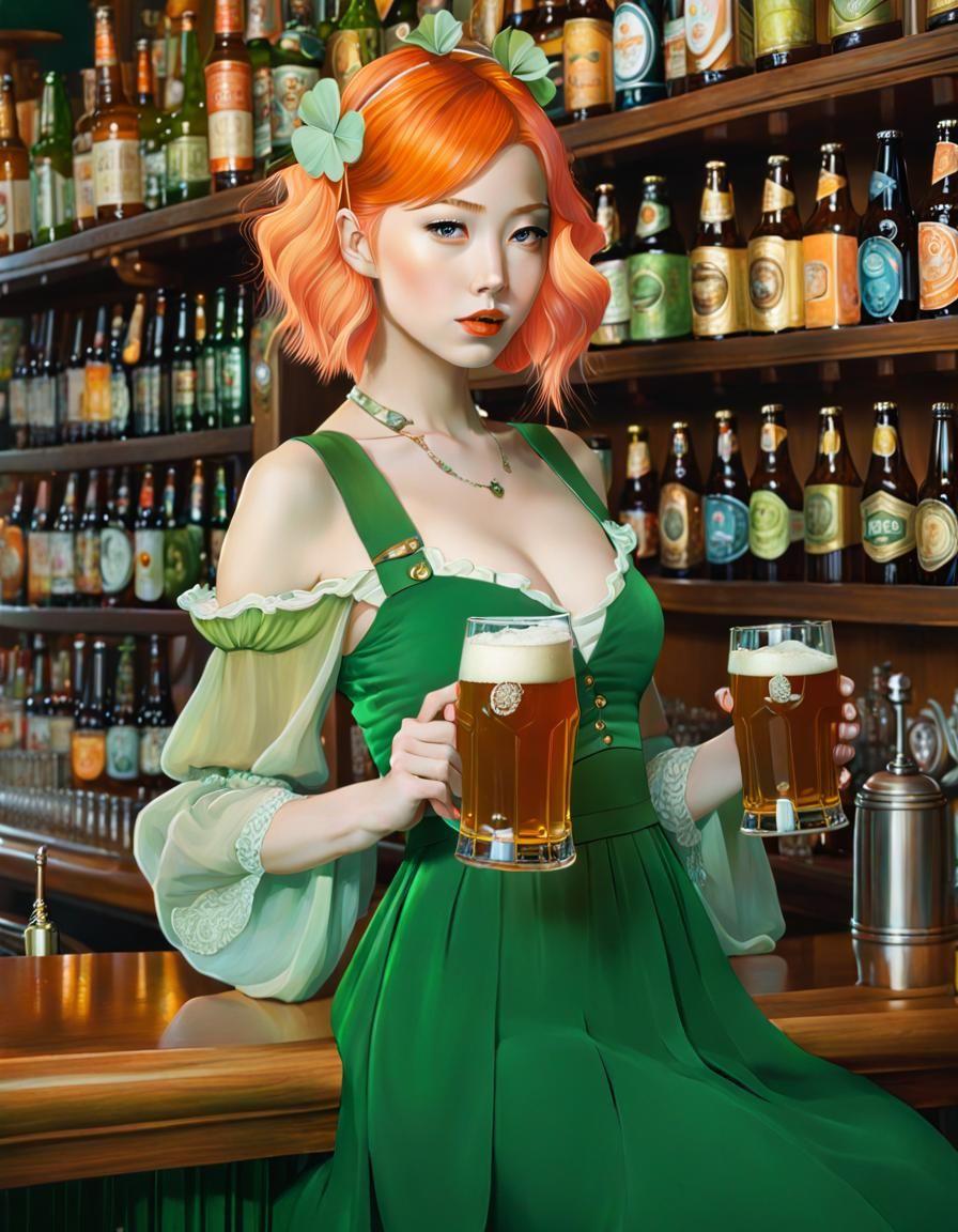 Beautiful Irish Woman Serving Beer, Surreal Digital Art
