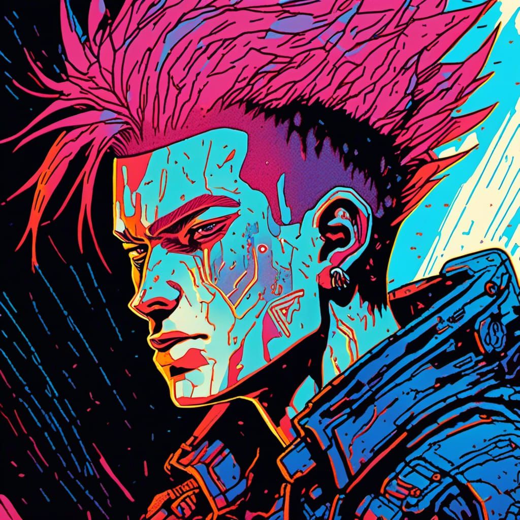 Punk Cyborg Portrait in Cyberpunk Linocut Style