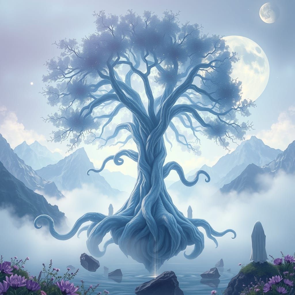 Crystalline Tree in Dreamlike Valley with Bioluminescent Flo...