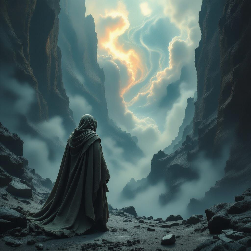 Wanderer Gazing into Cosmic Abyss in Dark Fantasy Style