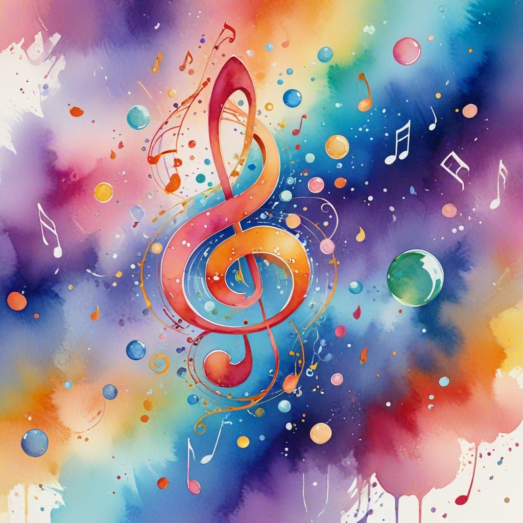 Vibrant Watercolor Whimsy: Colorful Musical Notes Dancing in...