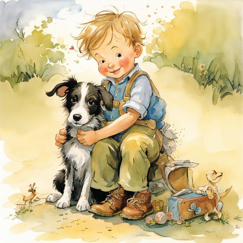 Toddler and Dog Illustration in Children's Book Style
