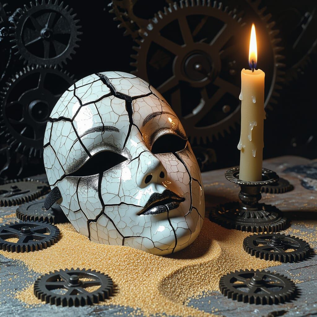 Cracked Porcelain Mask with Leaking Sand on Clock Gear Table