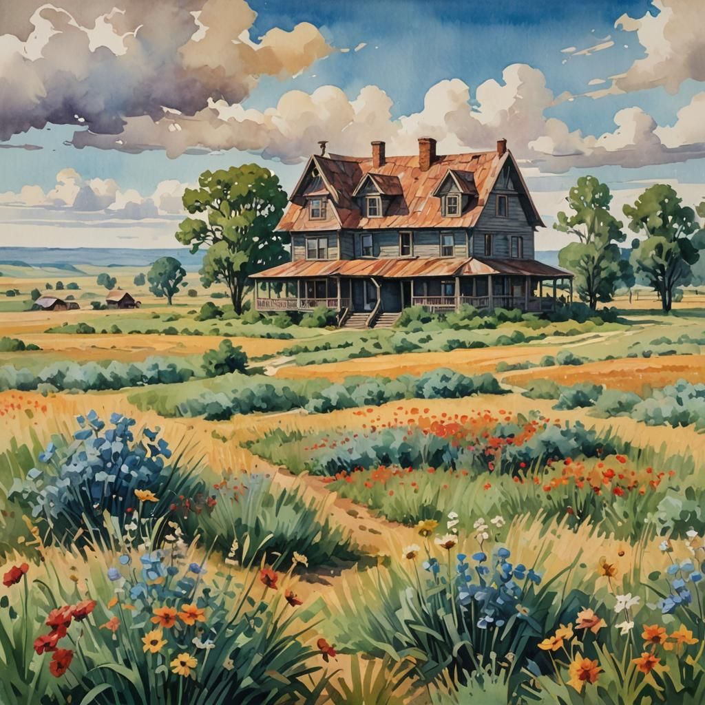Prairie House in Gouache Watercolor Style
