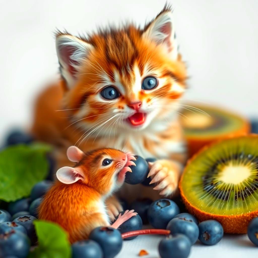 Whimsical Blueberry Kitten Plays with a Kiwi Mouse