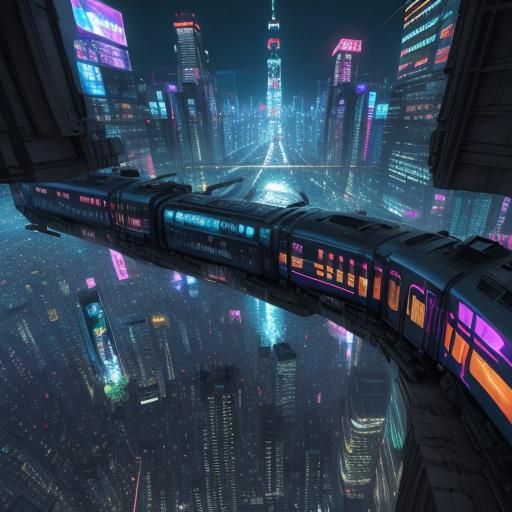 Surreal Futuristic Train in Upside-Down Tokyo