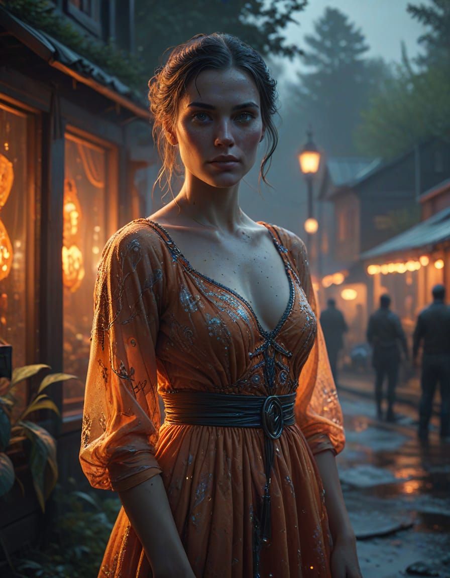 image of the Moulin Farmer, looking at the camera half-turned, lit by glowing orange lights against a dark background. S...