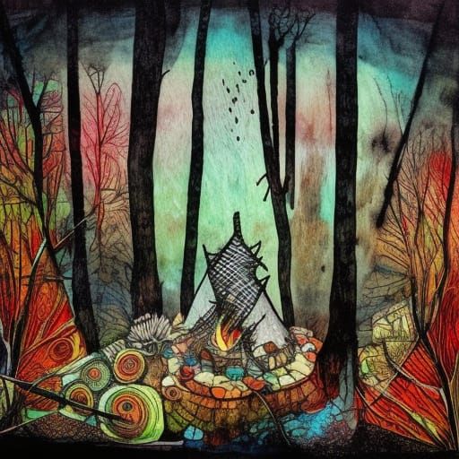 Boho Campfire Illustration in Mixed Media Collage