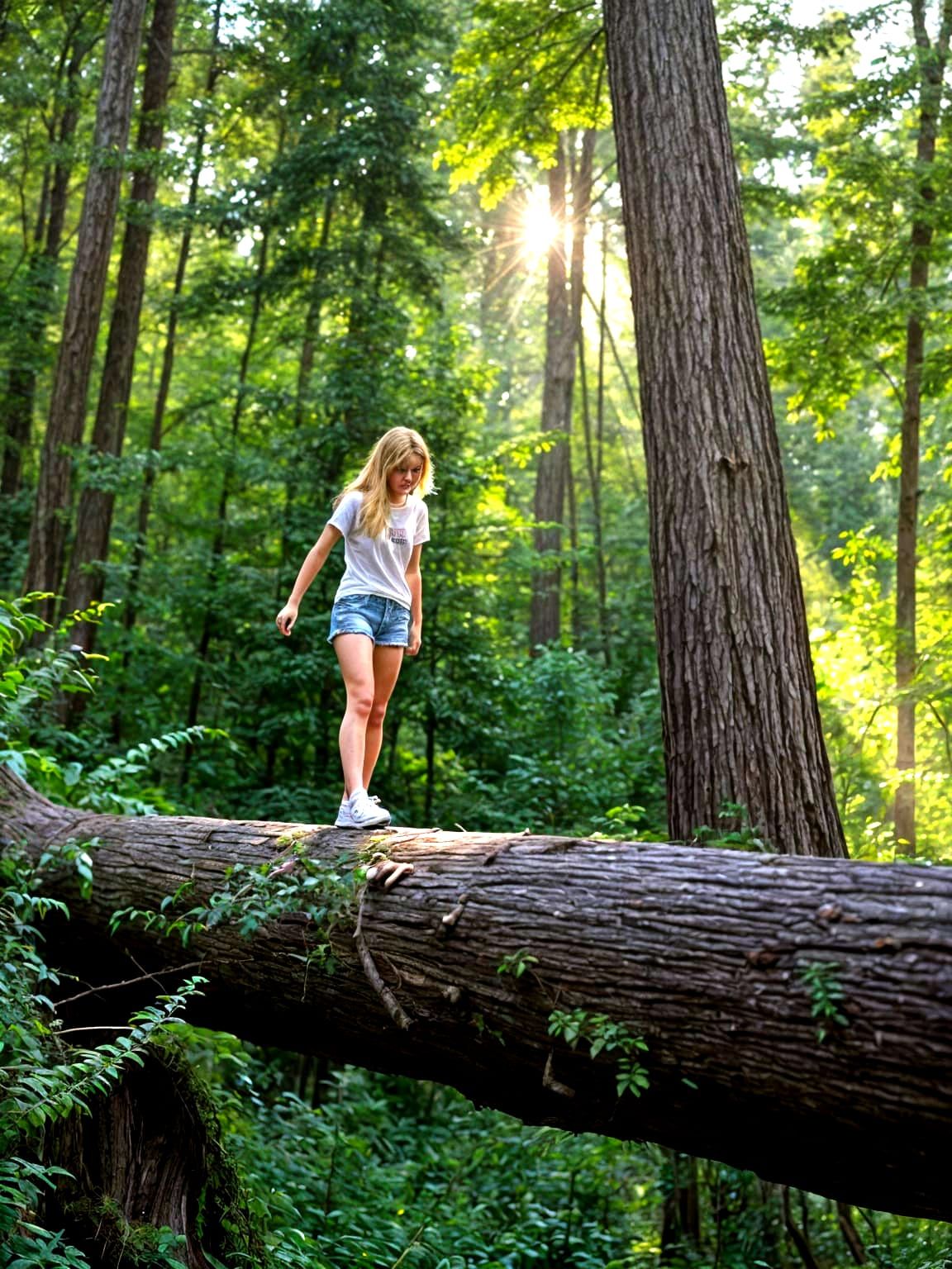 Girl on Fallen Log in Ancient Forest