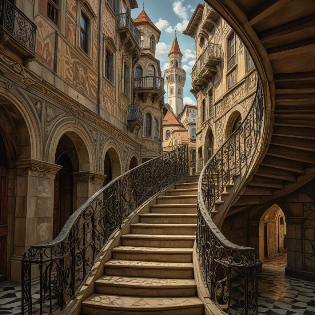 Escher-Inspired Labyrinthine Landscape with Intricate Filigr...