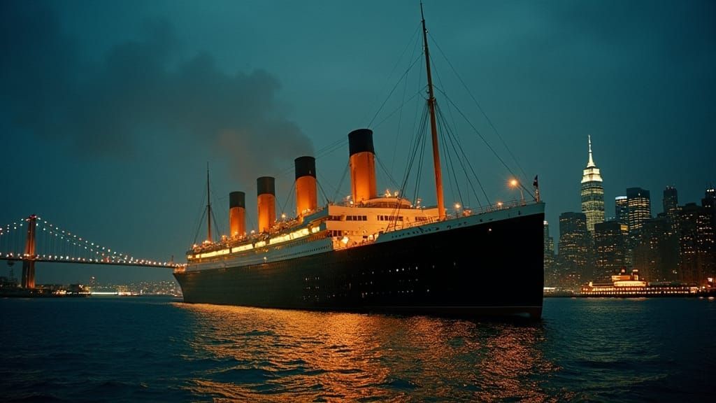 Titanic in New York Harbor: Cinematic Vintage Scene