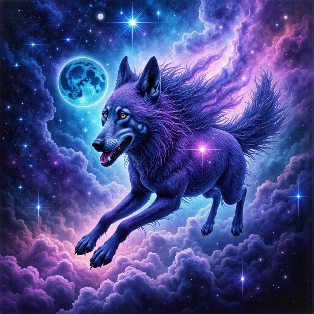 Wolf Running Across the Cosmos in Oil Painting Style