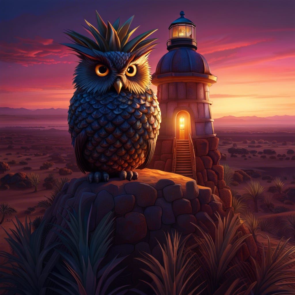 Fantastic Pineapple Owl on Desert Lighthouse at Twilight