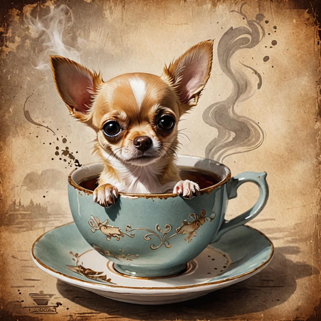 Chihuahua in Teacup: Line and Wash Illustration