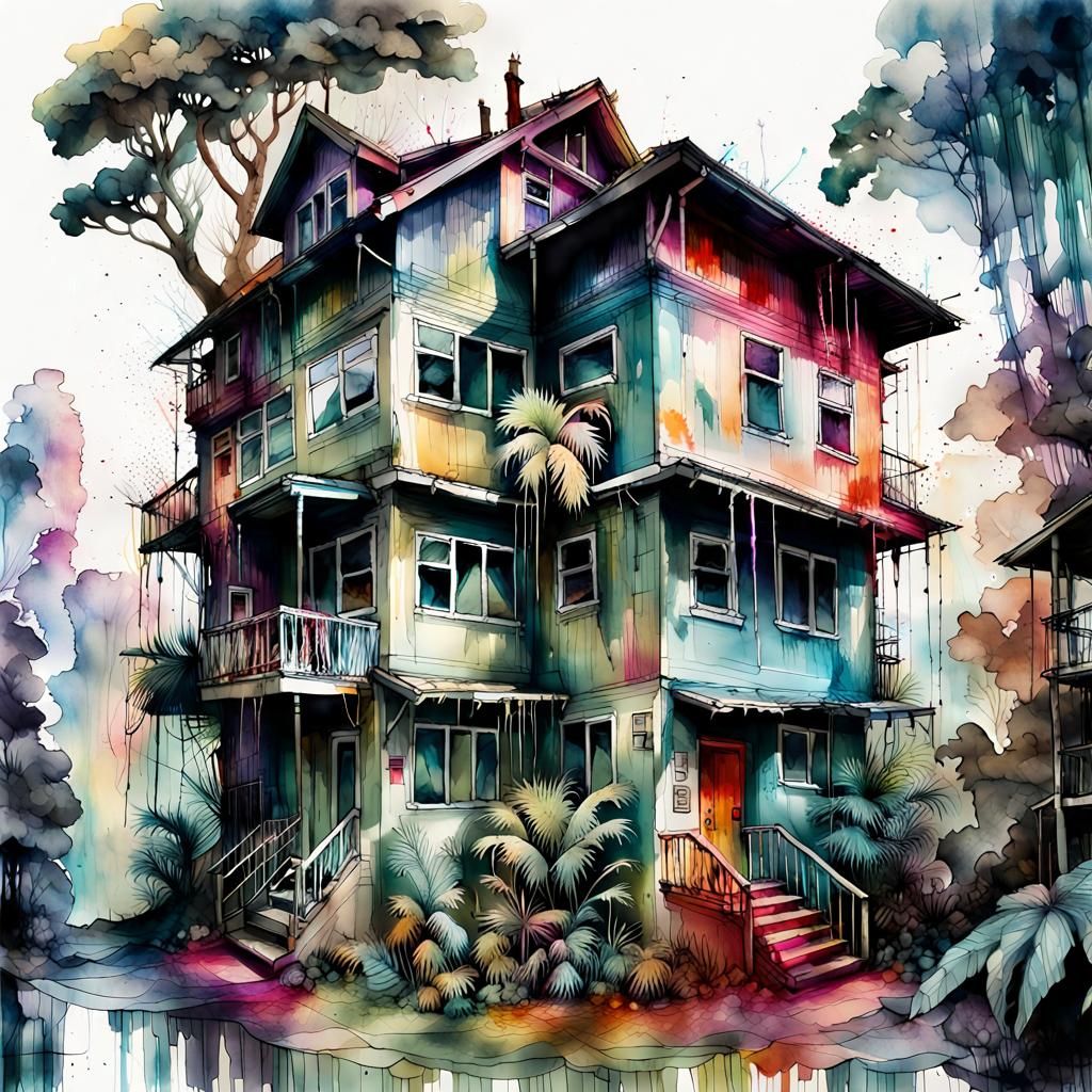 Digital Double Exposure: House Meets Jungle in Watercolor