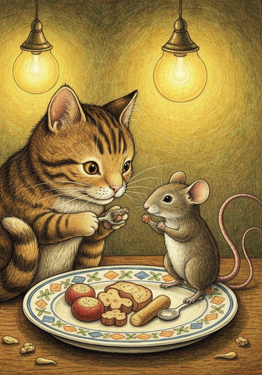 Cat and Mouse Share Meal in Whimsical Children's Book Style
