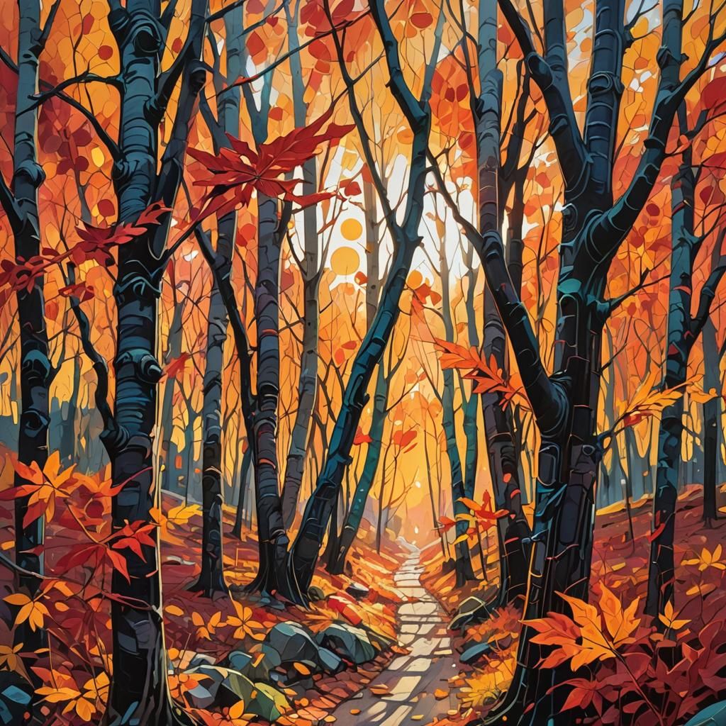 Autumn Valley Sunset in Abstract Expressionism Style