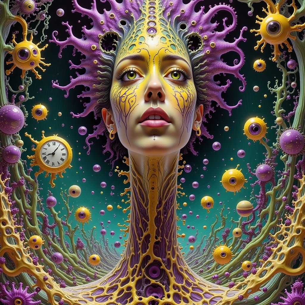 Surreal Woman in Dystopian Cyberpunk Cityscape