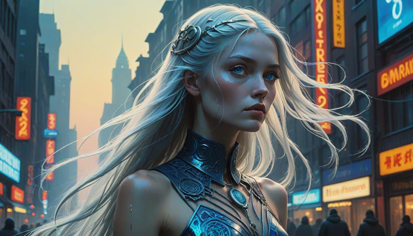 Ethereal Goddess of Dawn in Cyberpunk Cityscape