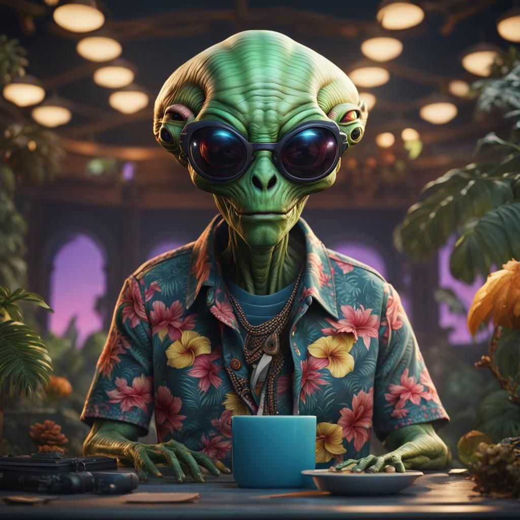 Alien in Hawaiian Shirt, Detailed Matte Painting