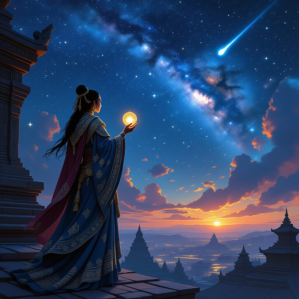 Celestial Priestess Gazing at Starry Night Sky