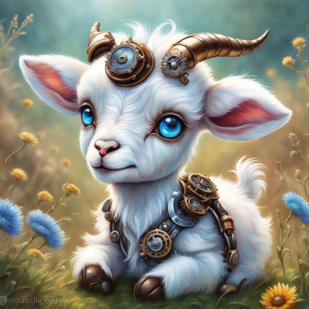 Cute Chibi Steampunk Goat in Wildflower Meadow